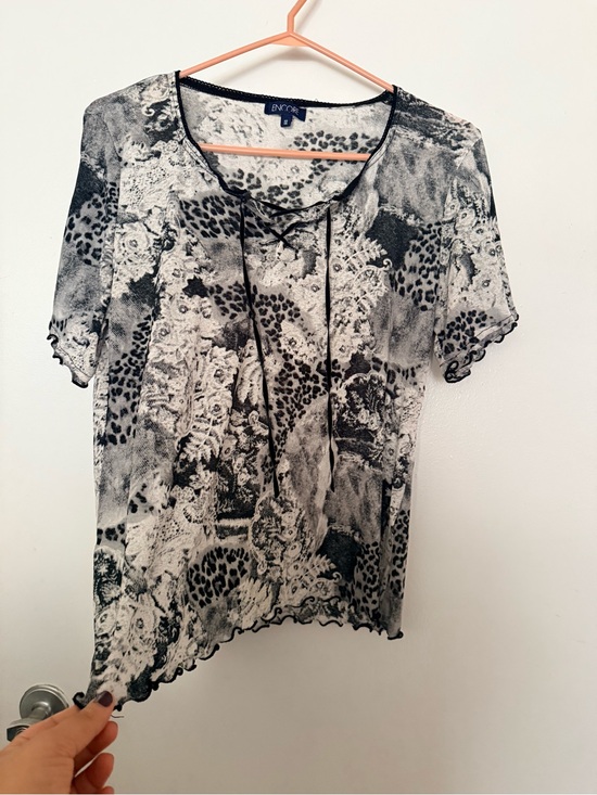 Encore Jeans Tops - Encore Jeans Black & White Lace-Print Short Sleeve Tie-Neck Top